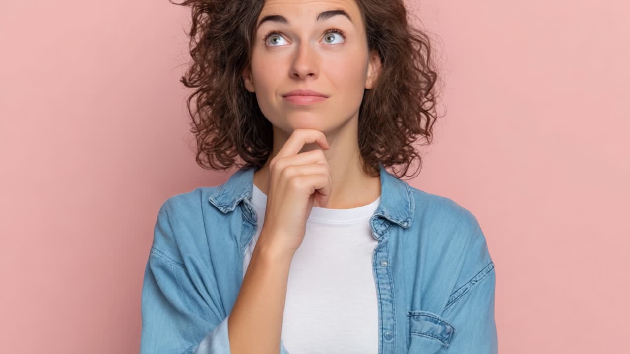 Una joven pensativa meditando ideas sobre un fondo rosa suave, capturando un momento de contemplación y curiosidad.