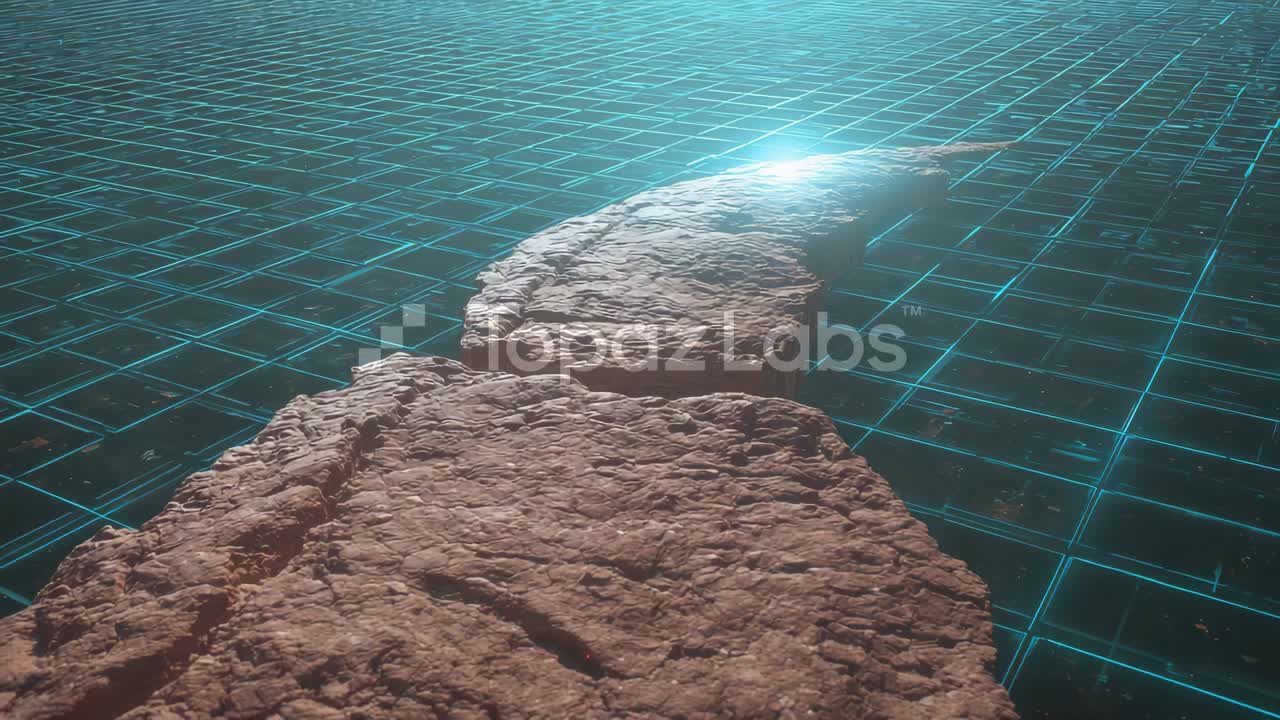 On play camera moving forward showing rock slabs on cyan grid toward light with TopazLabs watermark