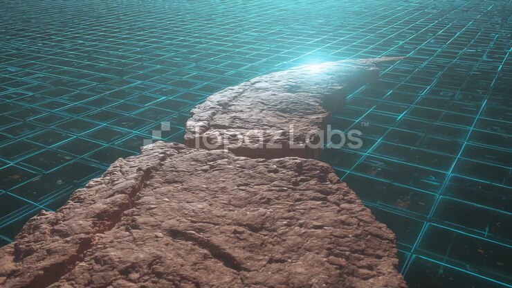 On play camera moving forward showing rock slabs on cyan grid toward light with TopazLabs watermark
