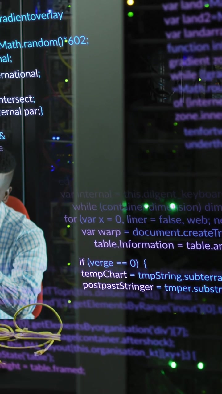 Animation of data processing over african american male engineer with laptop working at server room