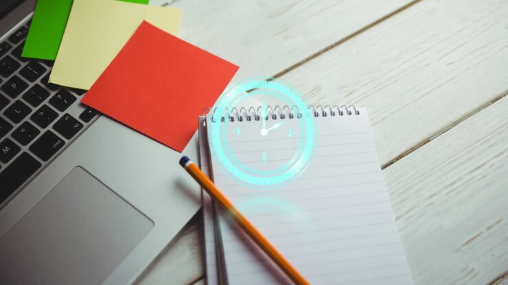 Animation of clock ticking over notebook and laptop on wooden table