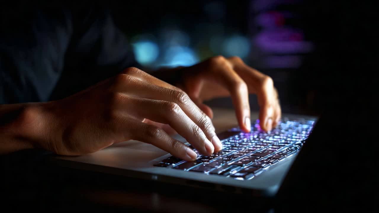 Engaged in Digital Creation: A Close-Up View of Hands Typing on a Backlit Keyboard in a Dark Environment, Highlighting the Illuminated Keys and the Intense Focus of the User's Actions