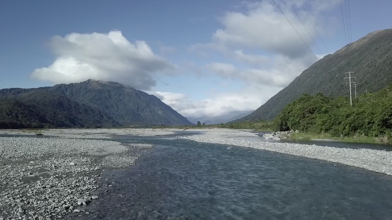 Scenic river valley with mountains and clouds