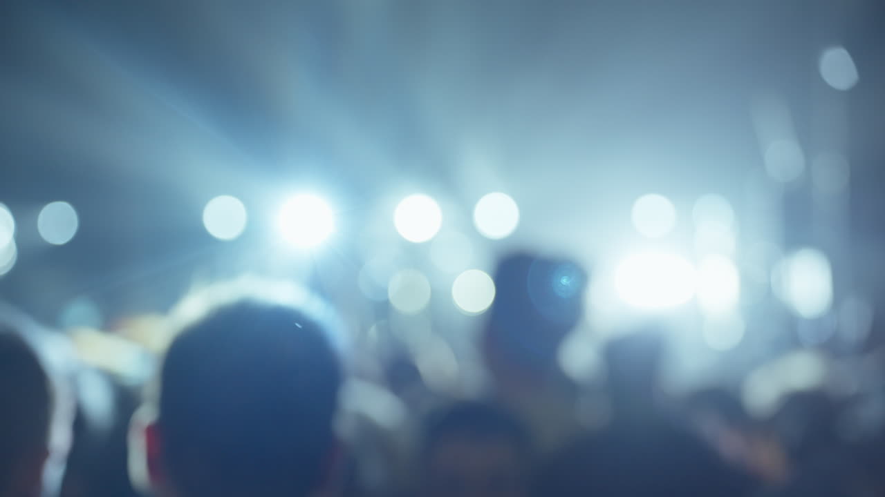 Folla sfocata di persone a un concerto notturno con luci intense.