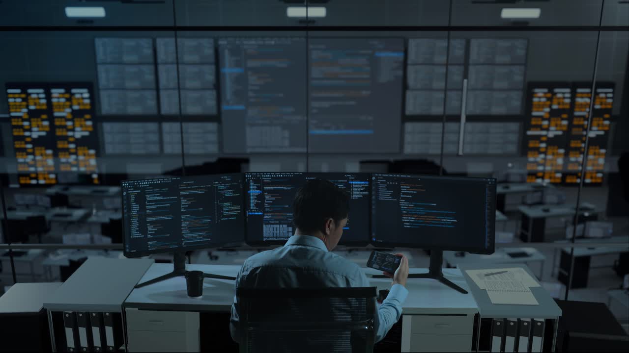 Back View Of Asian Man Developer Working With Mobile Phone While Write Code With Multiple Computer Screens In The Office