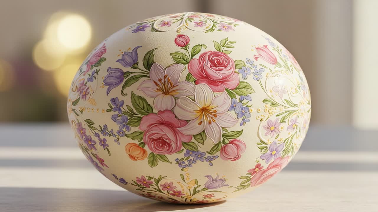 Beautifully Ornate Decorative Egg Featuring Intricate Floral Patterns and Vibrant Colors, Perfect for Celebrating Festivities and Adding Elegance to Home Decor.