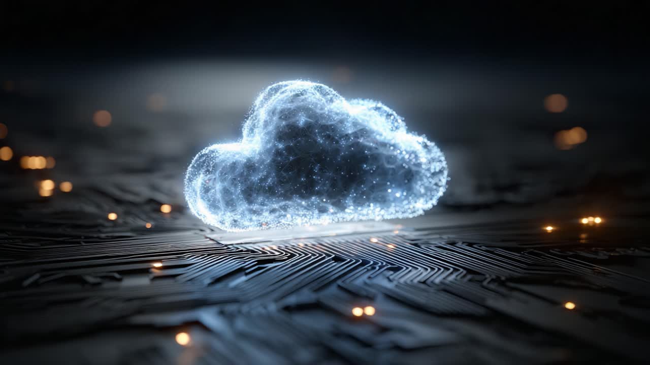 A Radiant Digital Cloud Floating Over a Circuit Board, Symbolizing the Convergence of Technology and Data Storage in a Futuristic Landscape