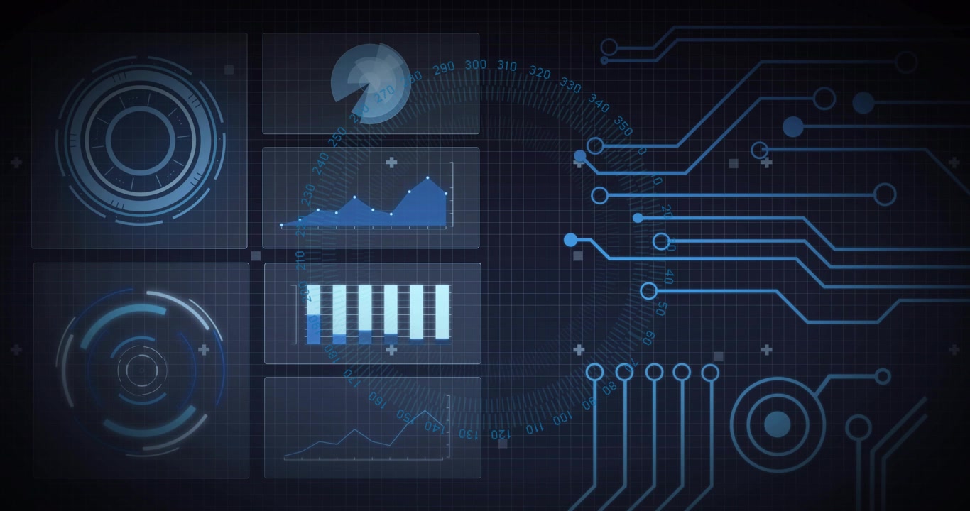 Grid opening initiating HUD rotating modules, sweeping pie segment, animating charts for monitoring