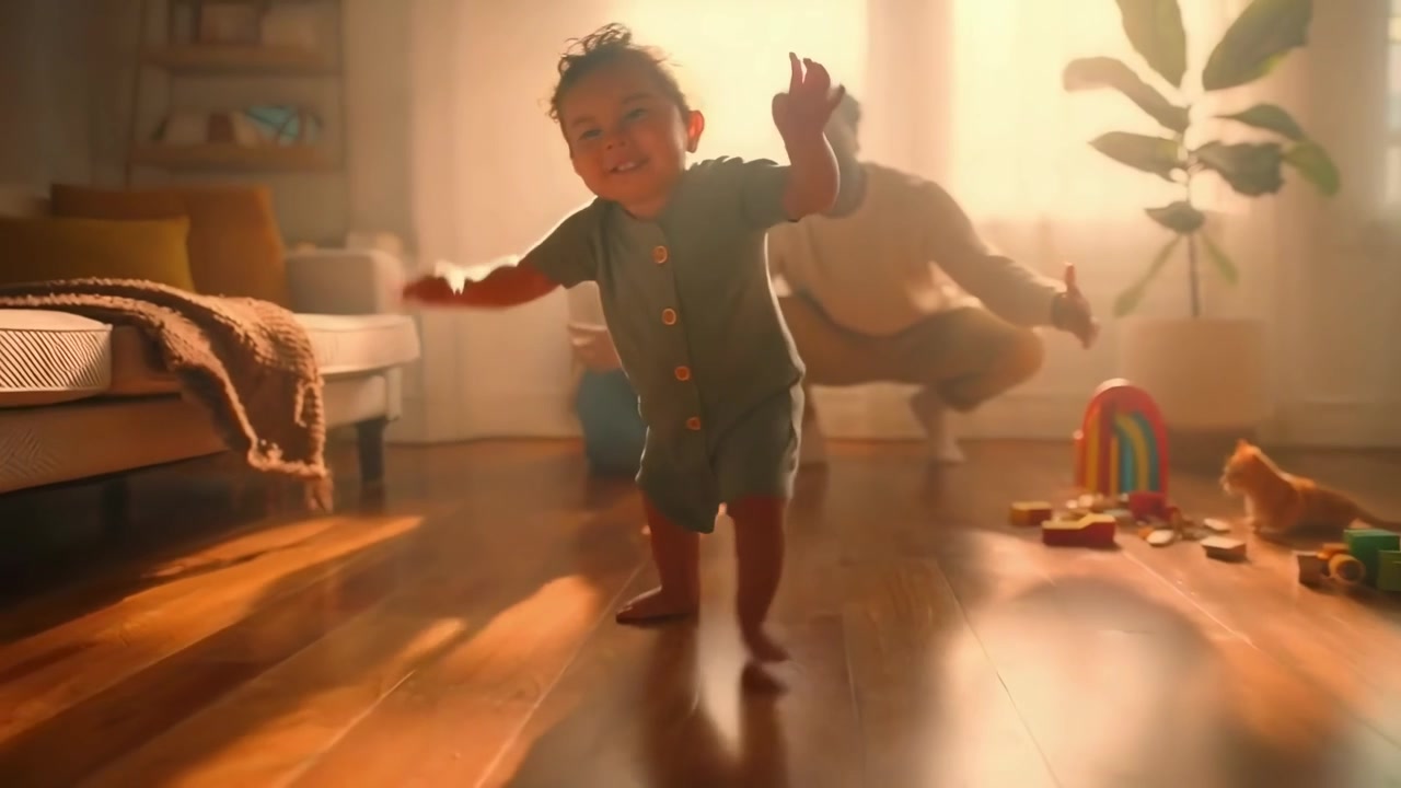 Happy Baby Takes First Steps Towards Parents in Warm Home