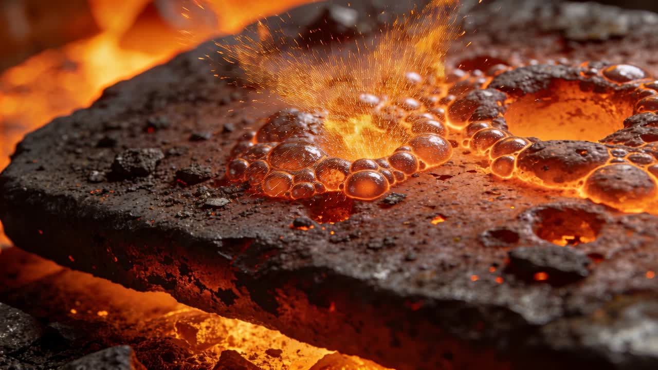 Bildar smälta bubblor, förkolnad metallplatta hettas över glödande kol, spricker och sprutar droppar.