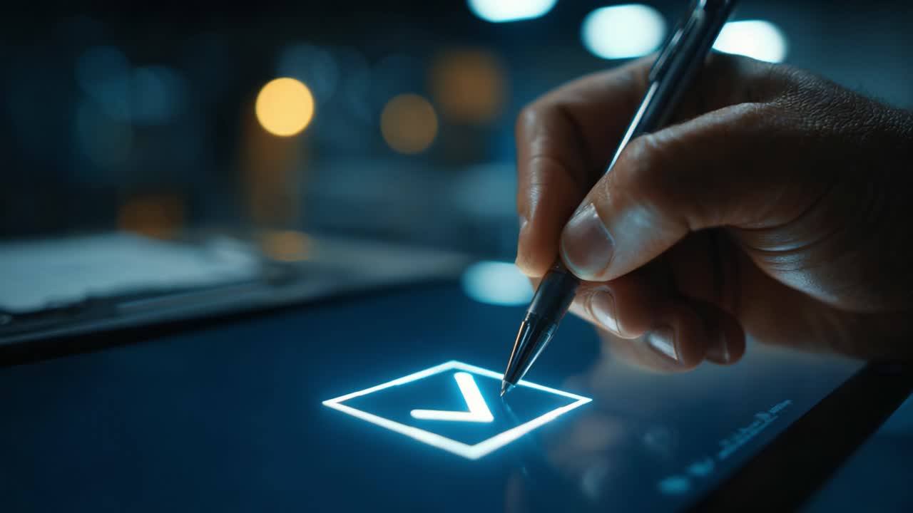 A Close-Up of a Hand Using a Stylus to Check Off an Item on a Digital Screen, Emphasizing Modern Interaction and Task Completion in a Bright, Tech-Driven Environment