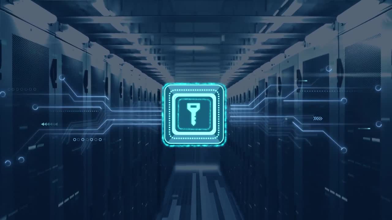 Animation of data processing with online security key over computer circuit board
