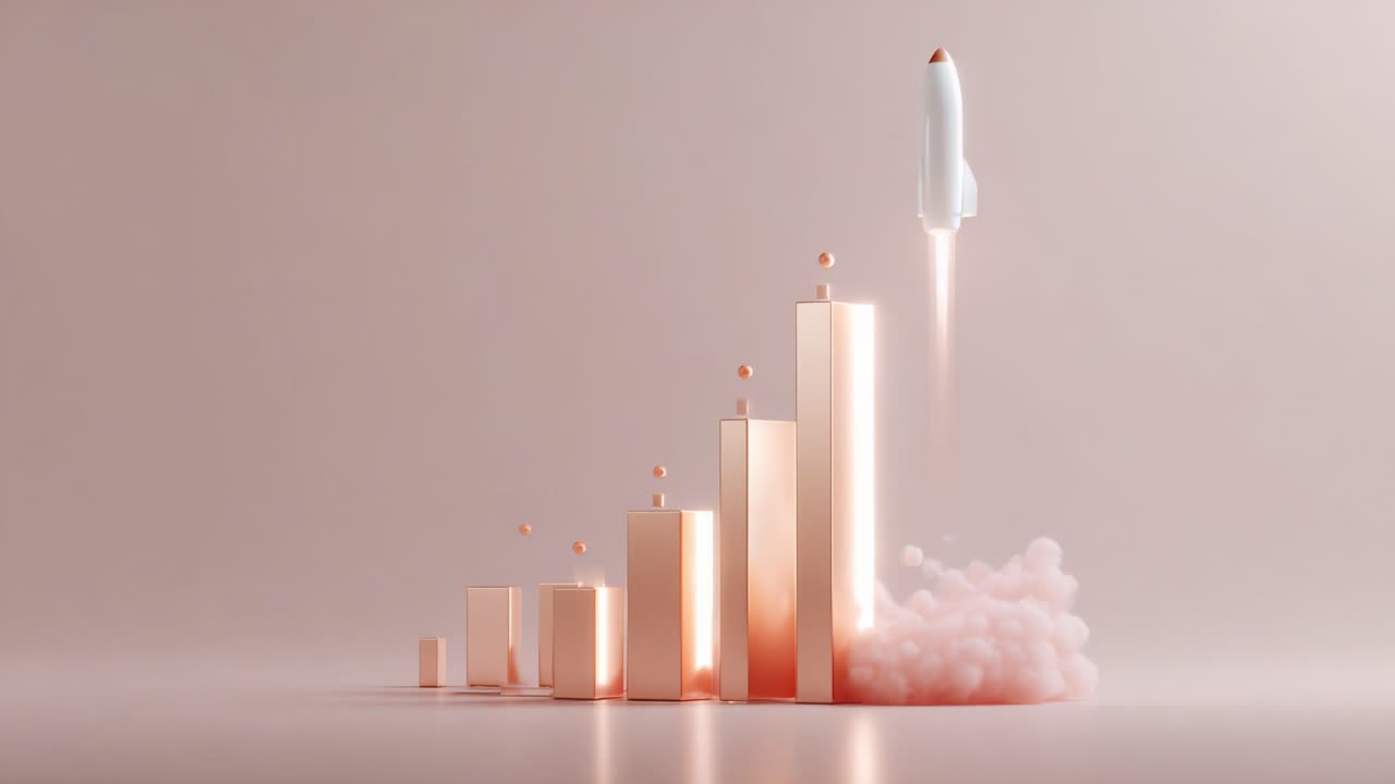 A Futuristic Rocket Launches Toward Success, Symbolizing Growth and Innovation with Ascending Bars and Soft Fuzzy Clouds in a Light Pink Palette