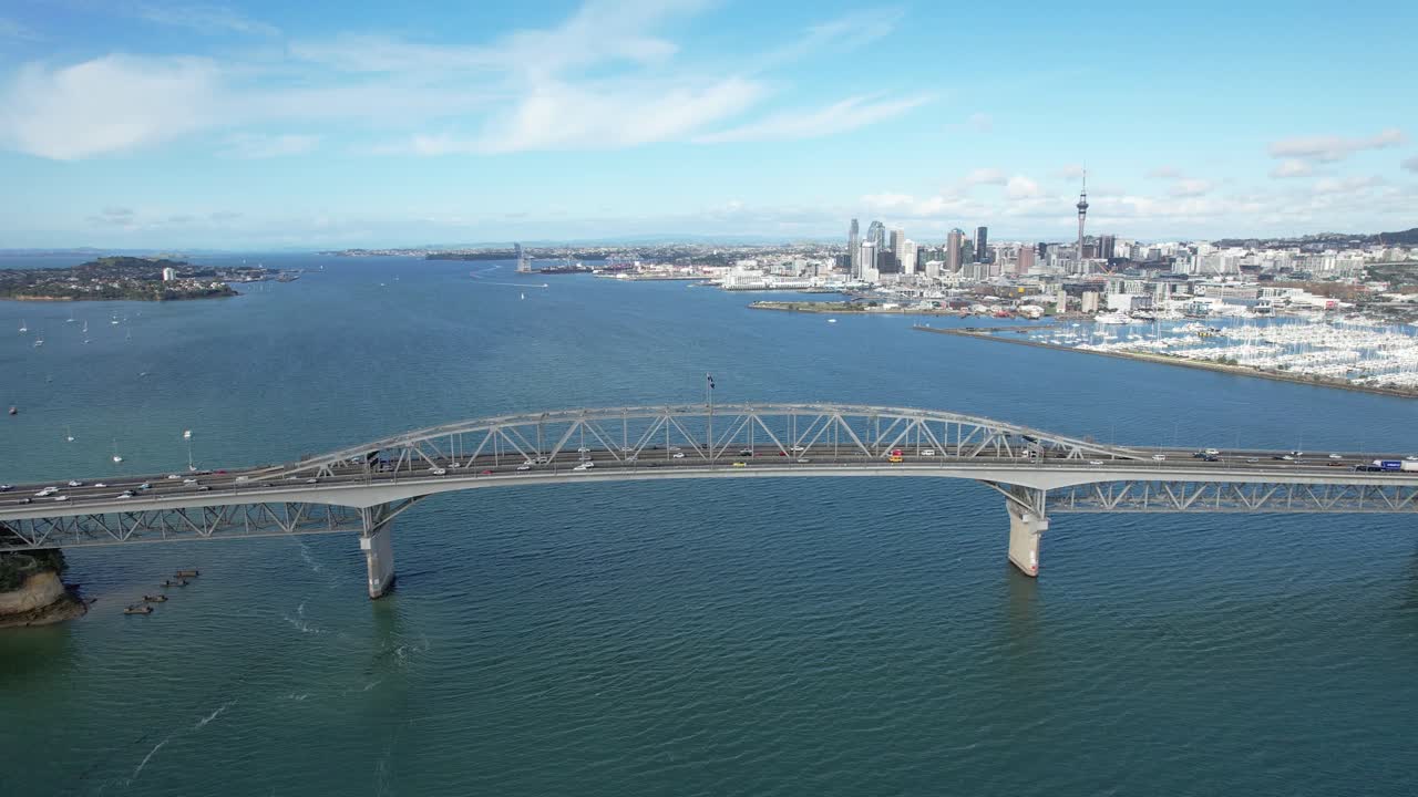 Aerial view of Auckland Harbour Bridge and city skyline