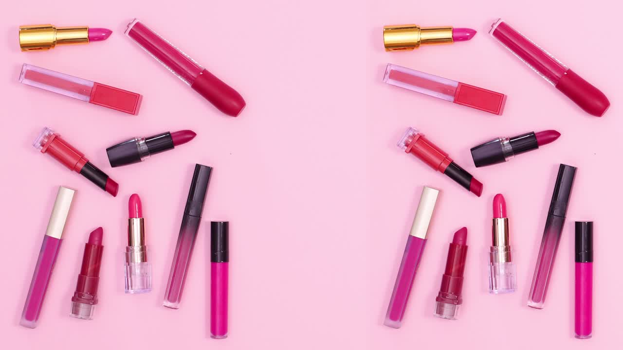 Lipsticks move on pastel pink theme. Stop motion