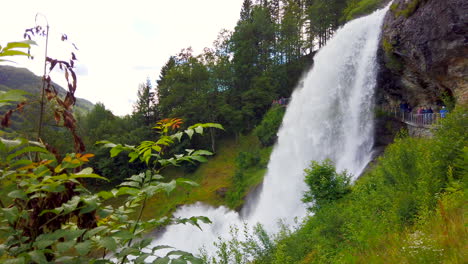 espectacular steinsdalsfossen estruendosa cascada noruega por la que uno puede caminar cerca del pueblo de steine, noruega, estática enmarcada desde el lado 4k prorezhq