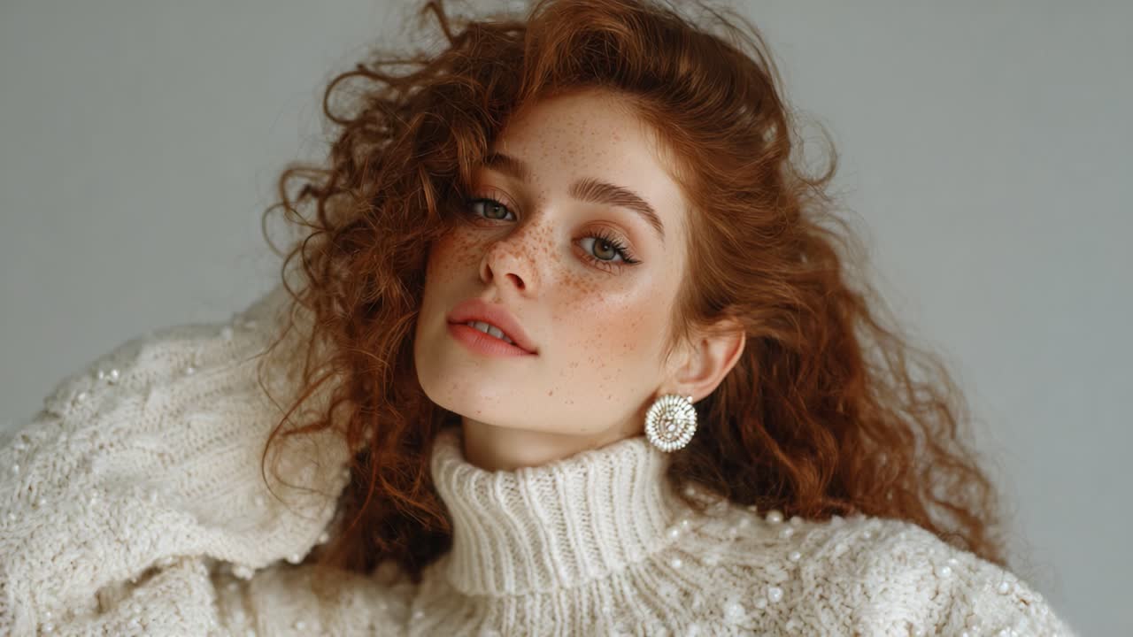 Captivating Portrait of a Young Woman with Curly Red Hair and Freckles, Dressed in a Cozy Knit Sweater, Exuding Confidence and Charm