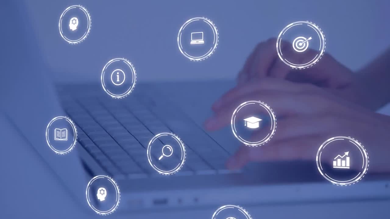 노트북을 사용하는 사람 위에 떨어지는 교육 아이콘의 애니메이션