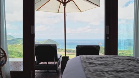poolside bedroom at luxury private villa with sun loungers