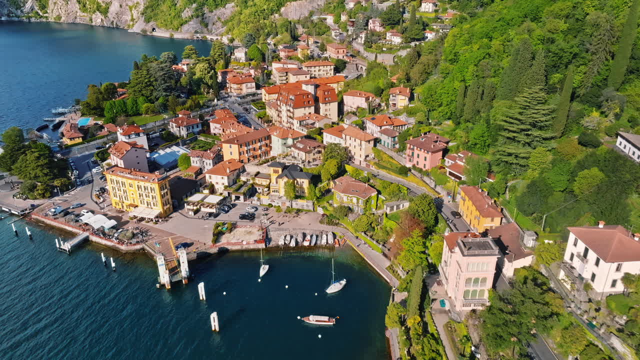 Aerial drone view of Varenna, Italy and Lake Como in daylight