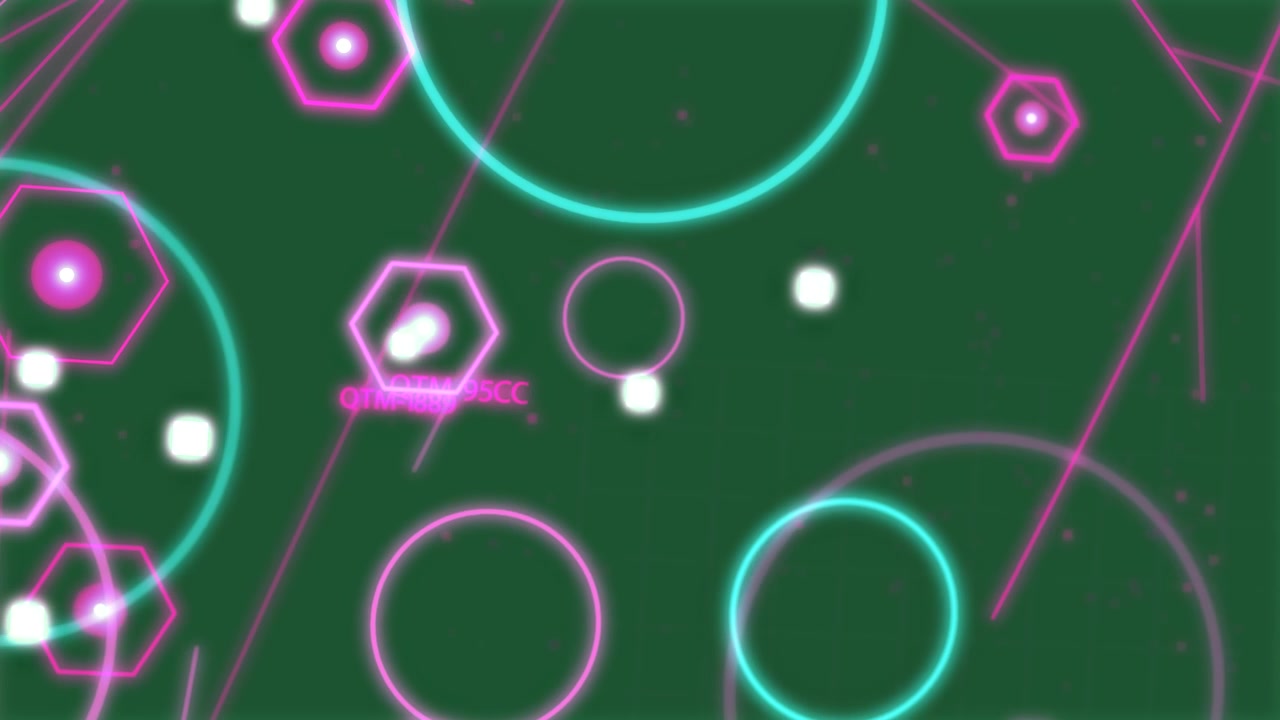 Op magenta cyaan ringen verschijnt een neon HUD die gegevens toont, terwijl knooppunten en drijvende zeshoeken transparant pulseren