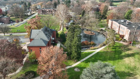Aerial-establishing-shot-of-large-museum-and-beautiful-lake-on-university-campus-in-USA