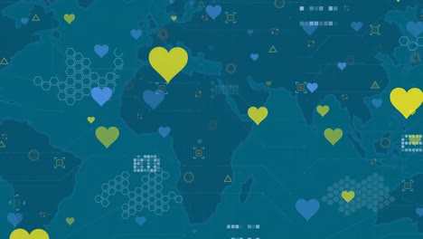 animation of blue and yellow hearts over world map on blue background