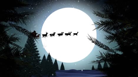 Weihnachtsmann-Im-Schlitten-Mit-Rentieren,-Der-über-Den-Mond-Mit-Bäumen-Fliegt