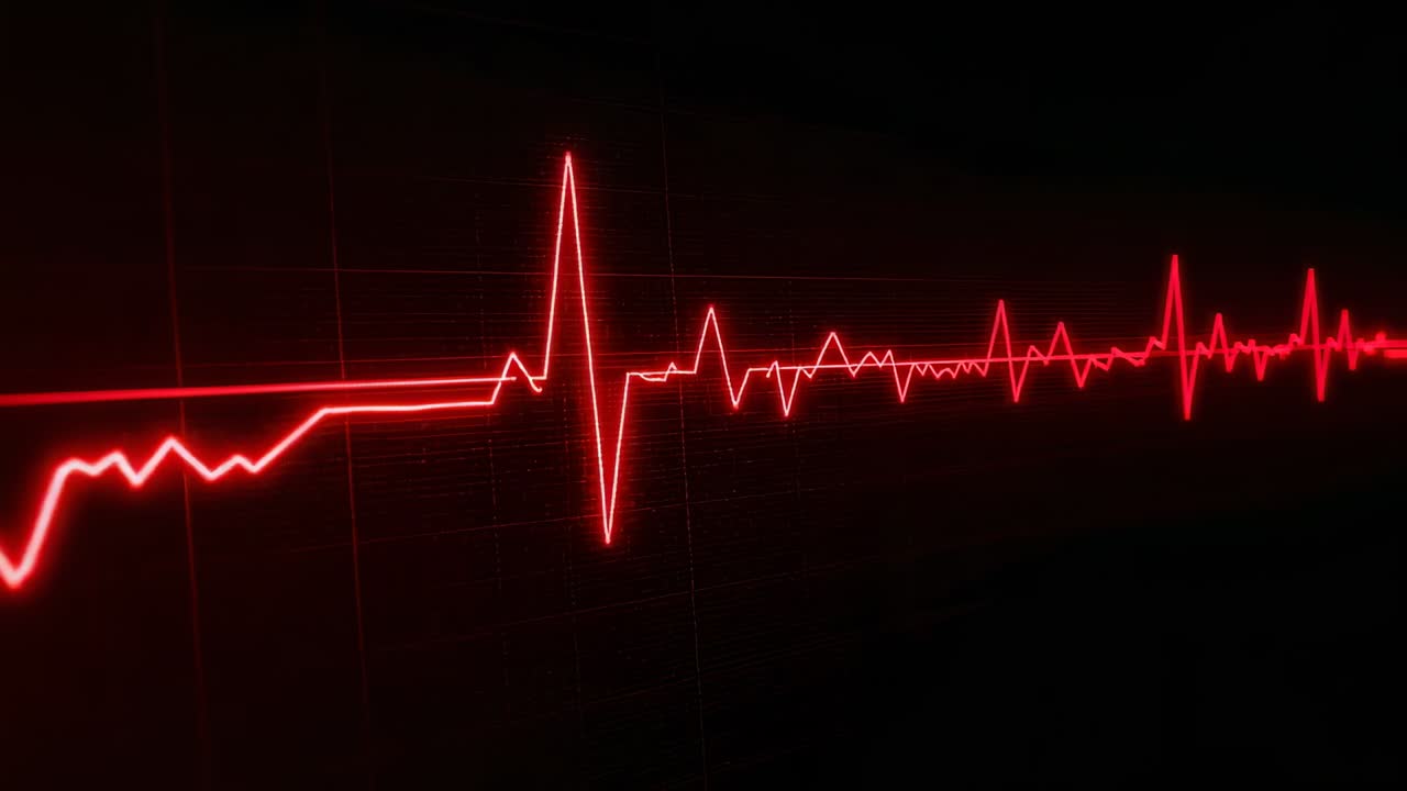 Tracciamento della linea rossa dell'inizio del battito cardiaco su una leggera sovrapposizione della griglia, in aumento prima di stabilizzarsi a un ritmo costante