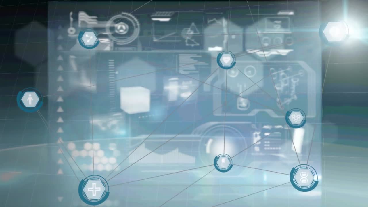 의료 데이터 처리와 빛의 점과 디지털 인터페이스에 대한 디지털 아이콘의 네트워크