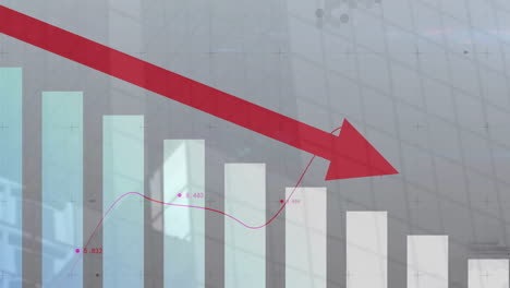 flecha roja hacia abajo y gráfico de barras que muestra el declive financiero sobre un fondo abstracto