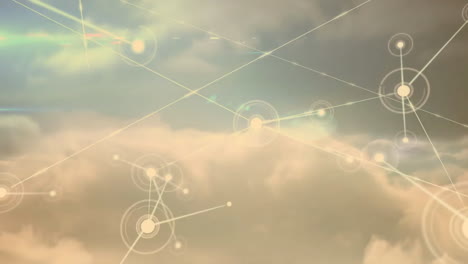 Network of connections and data processing animation over cloudy sky background