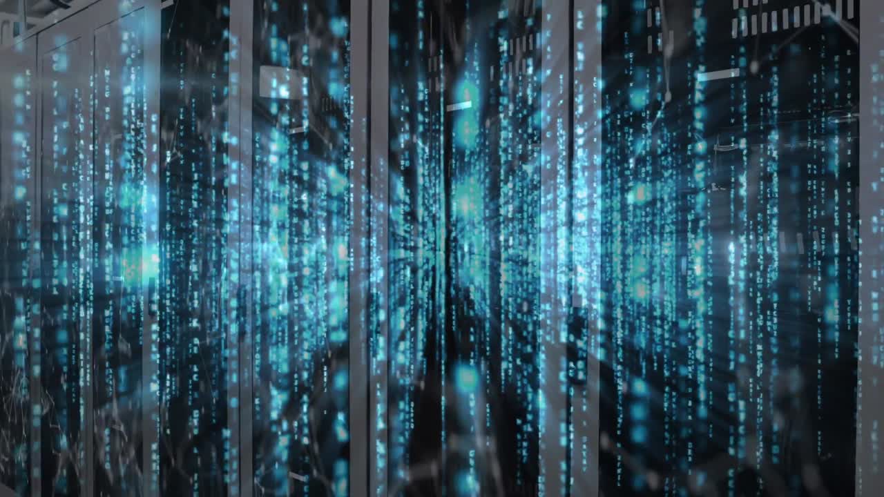 Animation of data processing and network of connections over computer server room