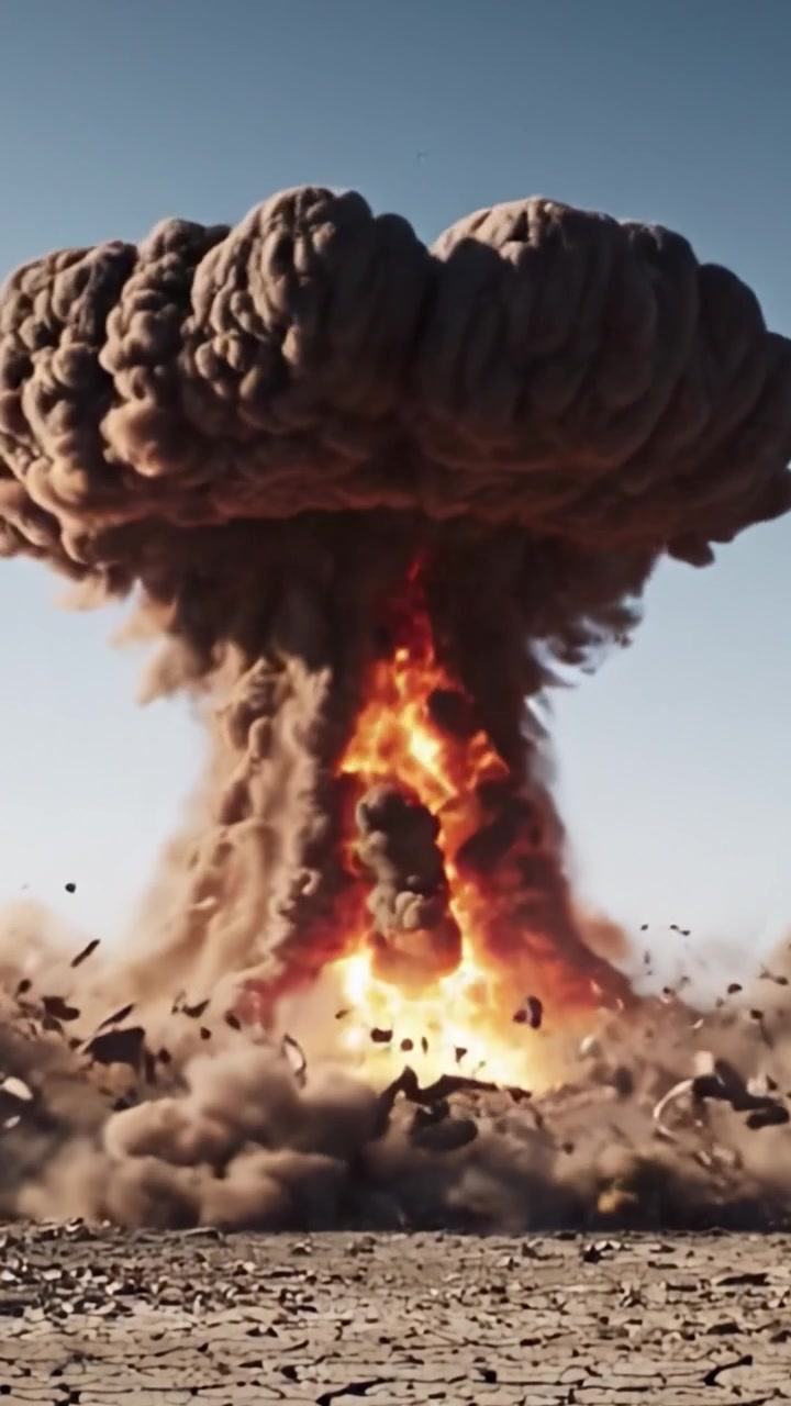 Eine dramatische Sequenz explosiver Energie, die durch eine Detonation erzeugt wird, und die Nachwirkungen einer mächtigen Explosion in einer kargen, trockenen Landschaft einfängt