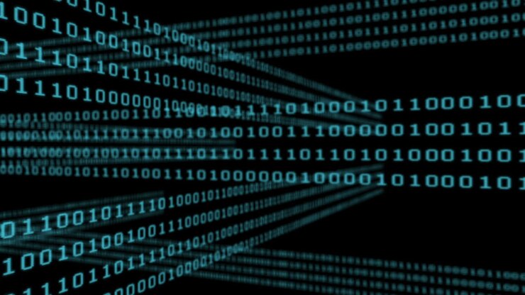 Binary code grid on black background