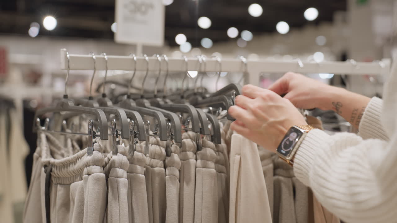 Lone shopper hands in ribbed sweater sleeve and gold watch sift beige joggers on metal rack inside brightly lit store, inspecting fabric texture and size tags while deciding casual wear choice
