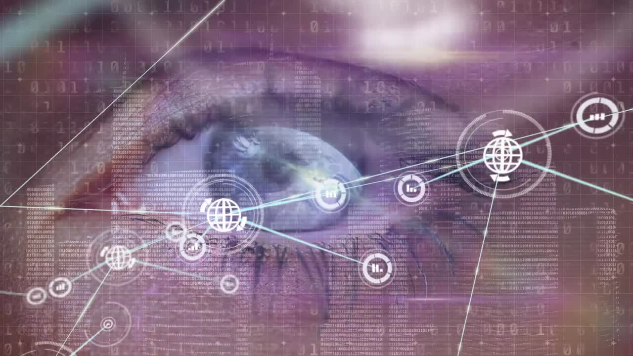 animación de la red de conexiones con iconos y procesamiento de datos sobre el ojo de una mujer caucásica