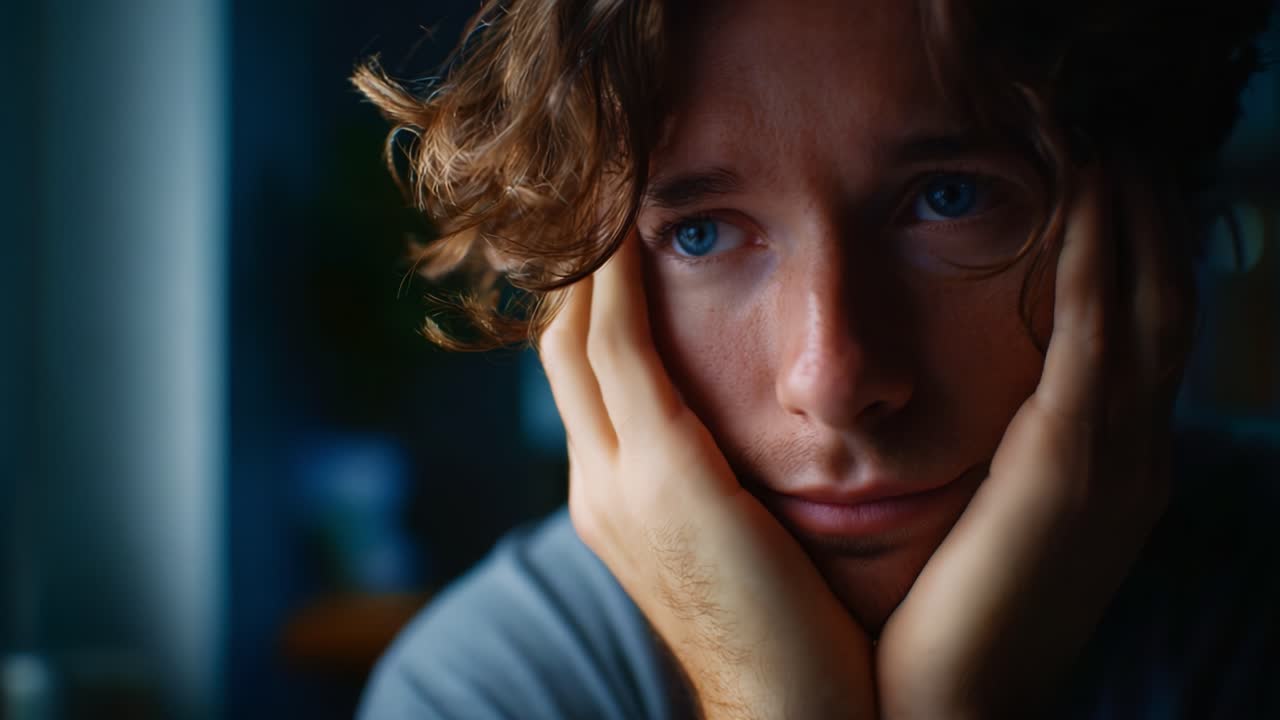 Contemplative Emotion: A Young Man with Curly Hair Shows Pensive Expression While Resting His Head on Hands in a Dimly Lit Room, Capturing Deep Reflection