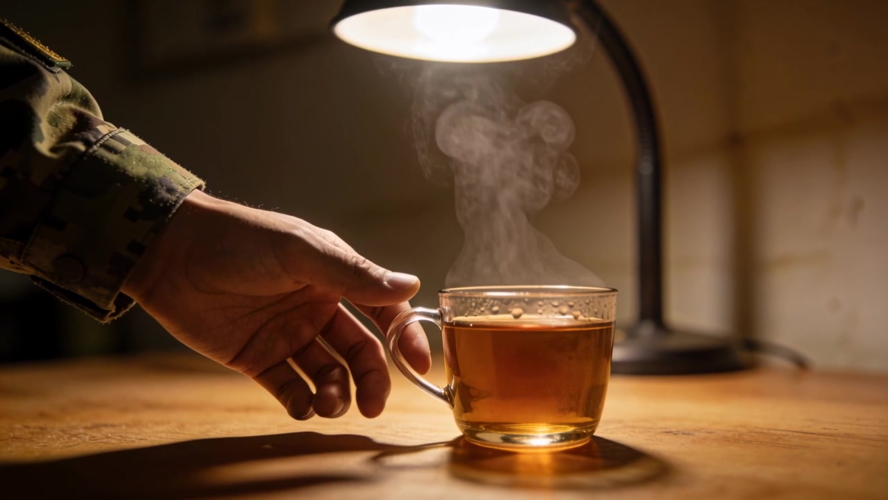 Mano con manica mimetica che si allunga afferrando una tazza di vetro su un tavolo di legno sotto una lampada da scrivania, vedendo il vapore salire dalla bevanda.
