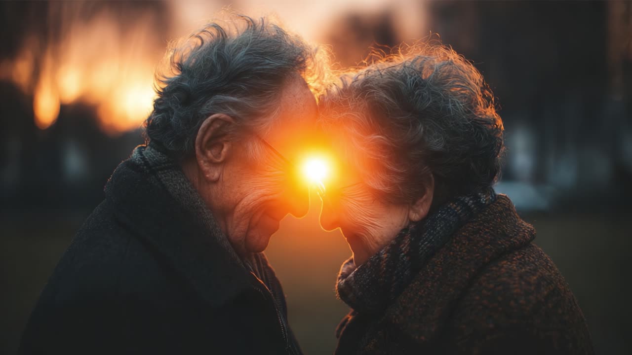 A Heartwarming Embrace: An Elderly Couple Sharing an Intimate Moment at Sunset, Illuminated by Warm Glow Reflecting Their Lifelong Love and Connection