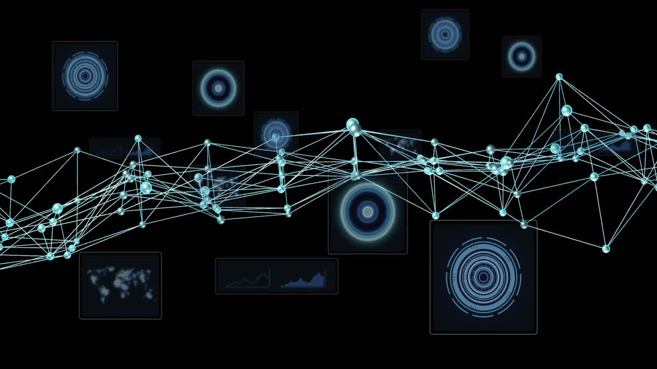 Data pulse initiating teal node mesh pulsing, HUD rings growing, visualizing live network flow