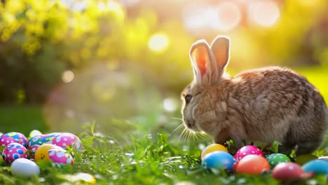 a small rabbit sitting in the grass next to a pile of colorful eggs