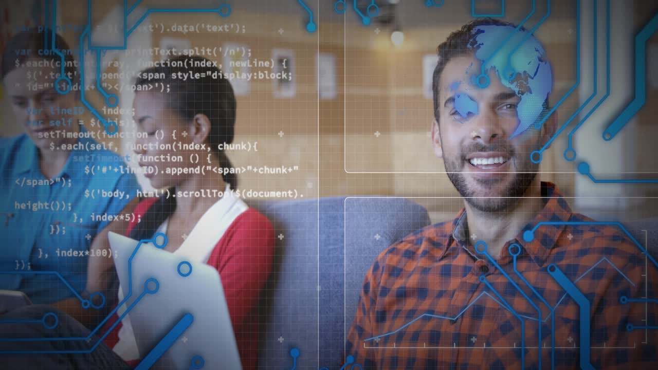 3 team working on sofa using tablet laptop, third joining, tech overlay showing code, right smiling