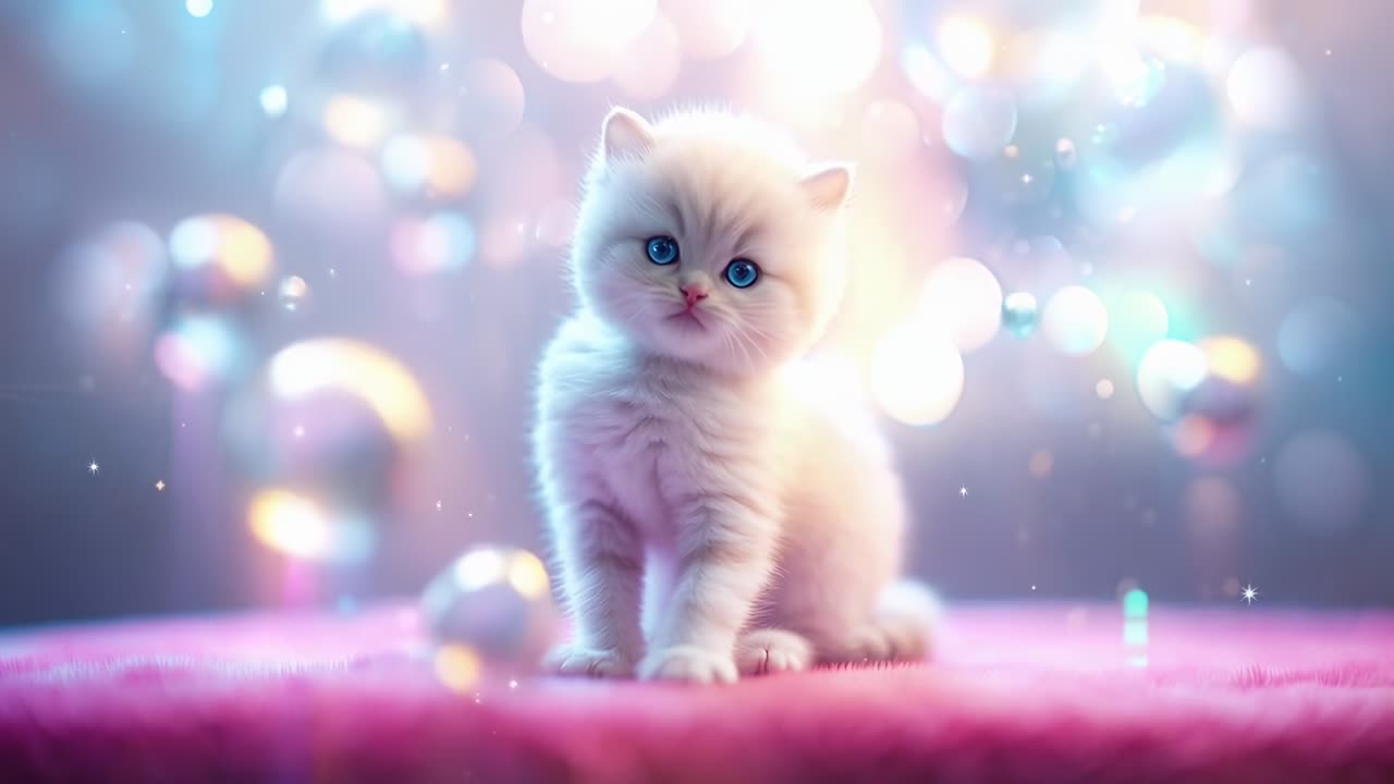 Очаровательный котенок на розовом одеяле, окруженный пузырями. Мягкий фокус, угол съемки на уровне глаз. Видеоконцепция