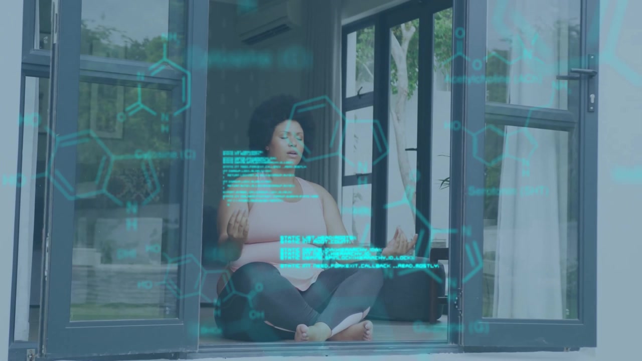 Woman forming mudra at doorway and meditating, revealing code and molecular diagrams in health tech
