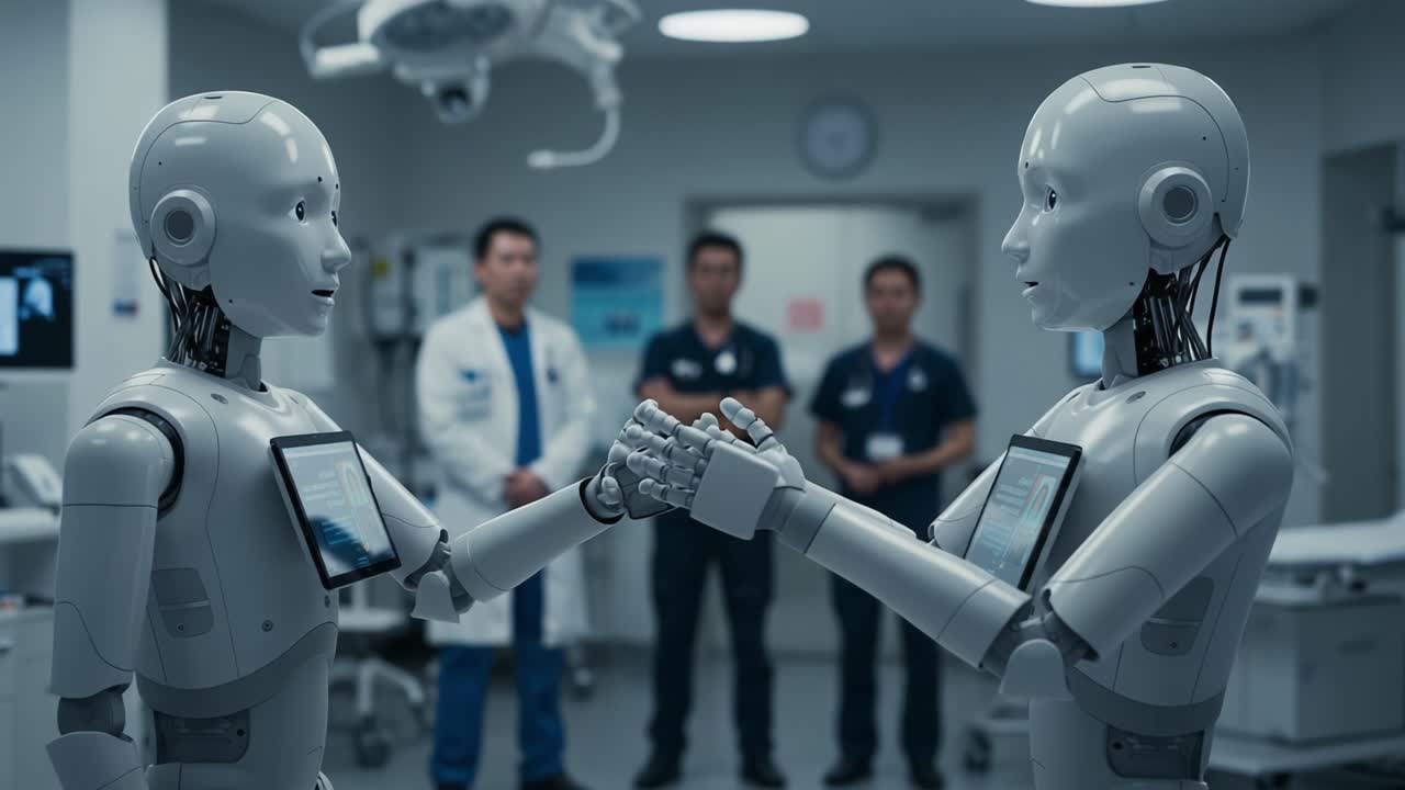 A Pioneering Interaction Between Advanced Robots in a Futuristic Hospital Setting, Highlighting the Boundaries of Technology and Human-like Communication Skills