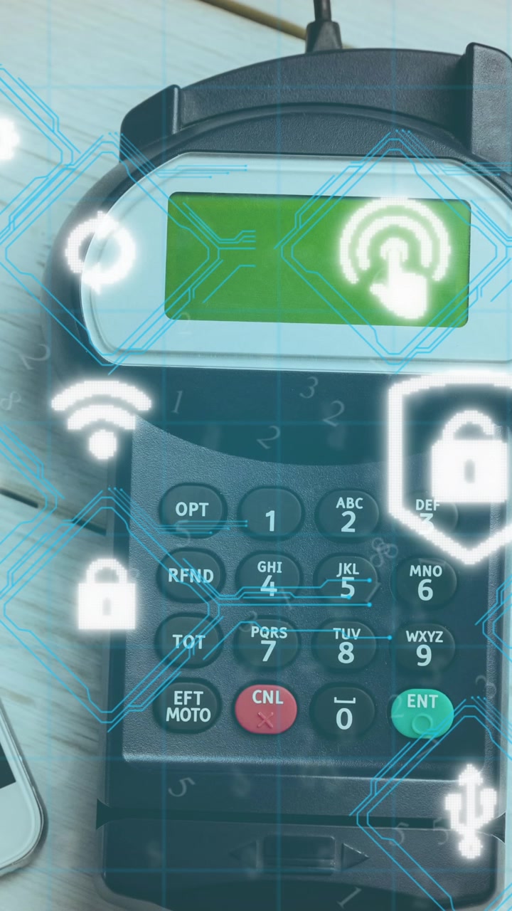 Animation of wi fi icons over smartphone and payment terminal