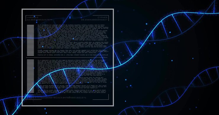 Square appearing, curve drawing DNA helix, code fading and chart sliding, visualizing genetic data