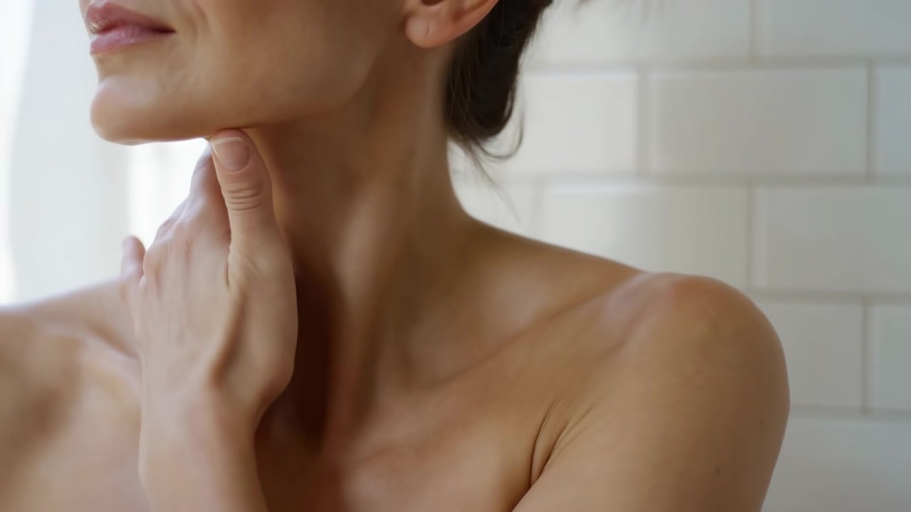 Escena de movimiento de perfil cercano de una mujer tocando suavemente la garganta, la línea de la mandíbula, las clavículas y la parte superior del pecho con las yemas de los dedos y las palmas bajo la luz brillante del baño, mostrando un gesto de bienestar tranquilo, detalle de piel suave