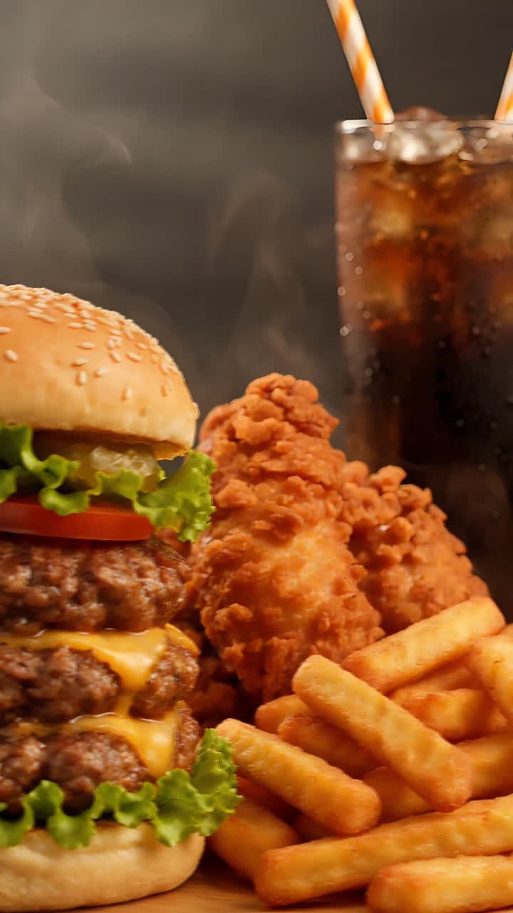 Burger 4K Fast Food with Crispy Fried Chicken and French Fries Cinematic Background
